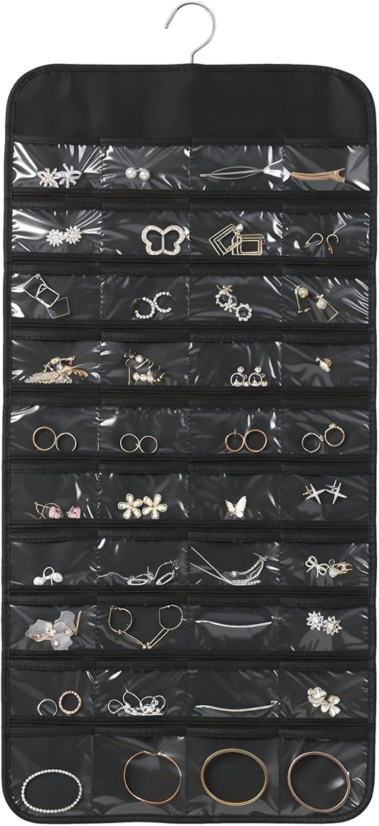 Black Hanging Jewelry Organizer, 80 Pockets Double-Sided, Wall Door Closet Storage for Earrings Necklaces Rings