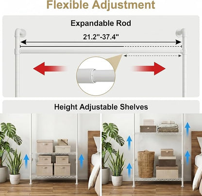 Wall Mounted Closet System – Adjustable Clothing Rack with 2 Expandable Rods & 3 Shelves, Heavy Duty Industrial Pipe Clothes Rack for Closet Organizer and Storage, White