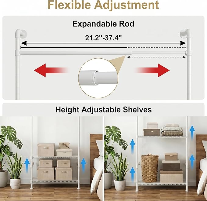 Wall Mounted Closet System – Adjustable Clothing Rack with 6 Hanging Clothes Rods( 4 Expandable Rods) & 6 Shelves, Heavy Duty Industrial Pipe Clothes Rack for Closet Organizer and Storage, White