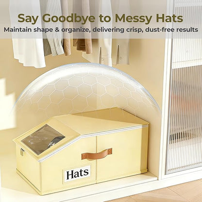 2 Pack Hat Organizer for Women & Men, Foldable Hat Storage Box with Clear Window Lid, Stackable Clear Hat Storage for Baseball, Cowboy Caps, Store up to 28 Caps, Butter Yellow