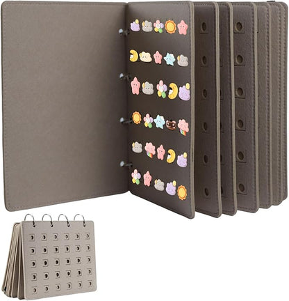 Shoe Charms Organizer, Hanging Shoe Charm Display Holder with 180 Holes 6 Enameled Pin Pages and 2 Front and Back Pages DIY Wall Mounted Portable Shoe Decor Charms Display Stand (Grey)