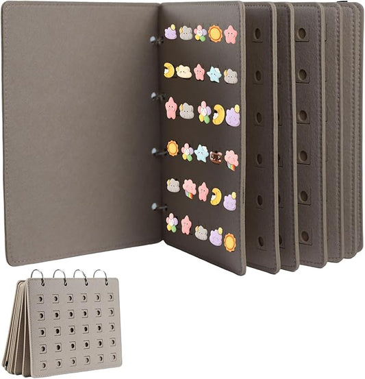 Shoe Charms Organizer, Hanging Shoe Charm Display Holder with 180 Holes 6 Enameled Pin Pages and 2 Front and Back Pages DIY Wall Mounted Portable Shoe Decor Charms Display Stand (Grey)