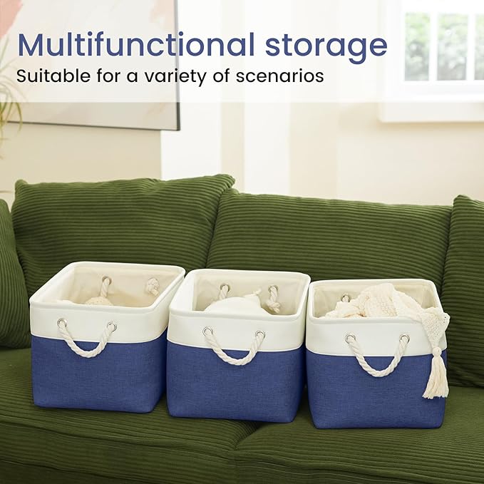 Large Storage Baskets- 15x11x10 inch Storage Bins for Shelves and Closet Organizing, Foldable Fabric Bin for Home Organization Clothes and Laundry (6-Pack, White&Blue)