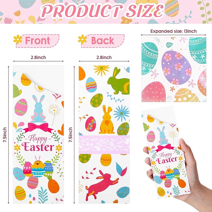 FoldTier 100 Pieces Easter Utensil Cutlery Holders Pouch Bags Easter Napkins Set Bunny Egg Silverware Holder Bag Utensil Sleeve Luncheon Napkins Spring Disposable Paper Napkins for Easter Party Table