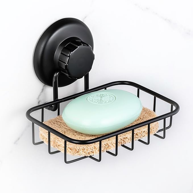 HASKO 2 Pack Suction Cup Soap Dish for Shower Wall, Rustproof Stainless Steel, Shower Soap Holder with Hooks, Includes Optional No Drill Adhesive Mount for Bathroom, 2 Soap Savers, Black