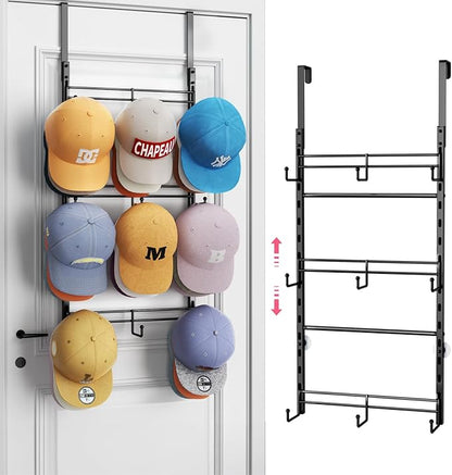 SWTYMIKI Over Door Hat Organizer - 3 Tier Metal Adjustable Wall Mounted Hat Rack with 9 Hooks Design, Hanging Baseball Cap Organizer Storage Holds up to 27 Caps for Door, Bedroom, Closet