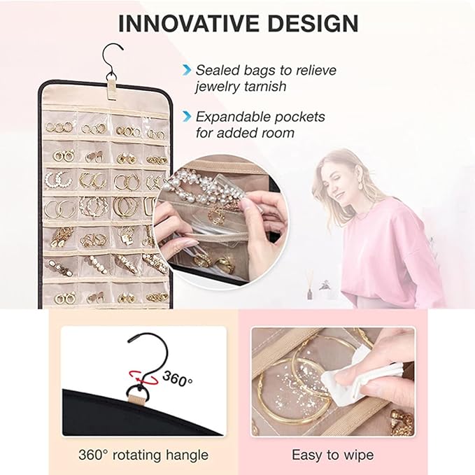 Hanging Jewelry Organizer, Double-Sided Jewelry Storage Bag with Pockets and Necklace Holder for Closet,Door&Wall