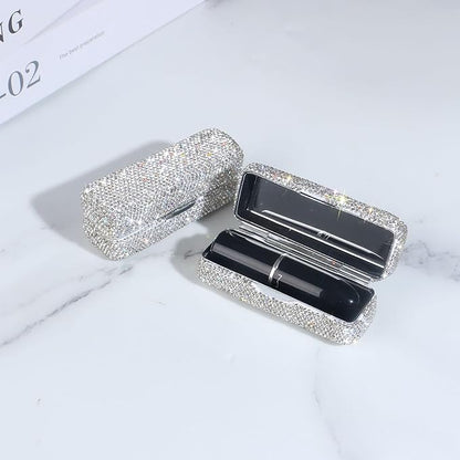 Lipstick Bling Rhinestone Crystal Case Storage Organizer Box with Mirror for Women's Lipstick Holder-Cosmetic Storage Kit (Full silver)