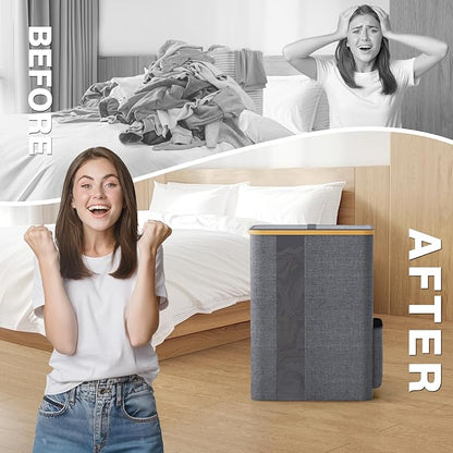 BlissTotes Laundry Basket with Lid, 80L Clothes Laundry Hamper with Handles and Removable Laundry Bag, Breathable Design Hamper with Lid for Bedroom, Bathroom, Dorm, Laundry Room - Light Grey