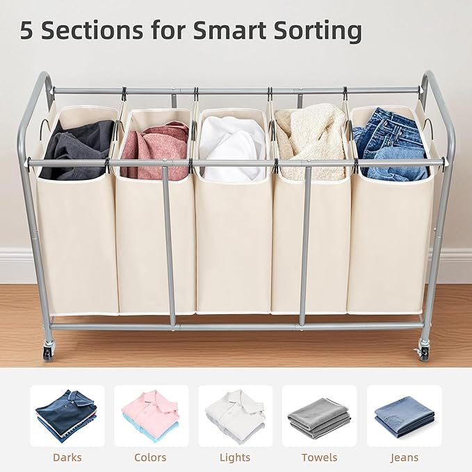 STORAGE MANIAC 5 Section Laundry Sorter, 5 Bins Rolling Separator Laundry Basket, Dirty Clothes Hamper Divider with Heavy Duty Rolling Lockable Wheels, Large Clothes Organizer Cart, Beige