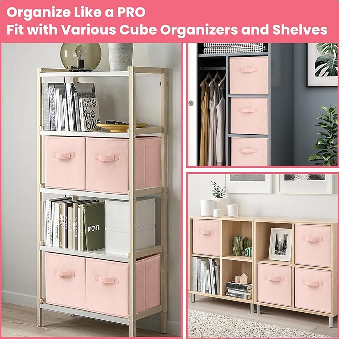 Criusia Storage Cubes- 11 Inch Cube Storage Bins for Organizing Shelves - Nursery Closet Organization Bins for Clothes Blanket - 10 Pack Collapsible Decorative Storage Box for Living Room (Pink)