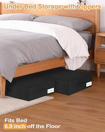 punemi Under Bed Storage Container, 2 Pack Underbed Storage Bags With Lid, Foldable Sturdy Clothes Storage Organizer W/ 3 Handles, Ultra Thick Fabric Blanket Shoe Storage Box, 30x15x6.7inch, Black
