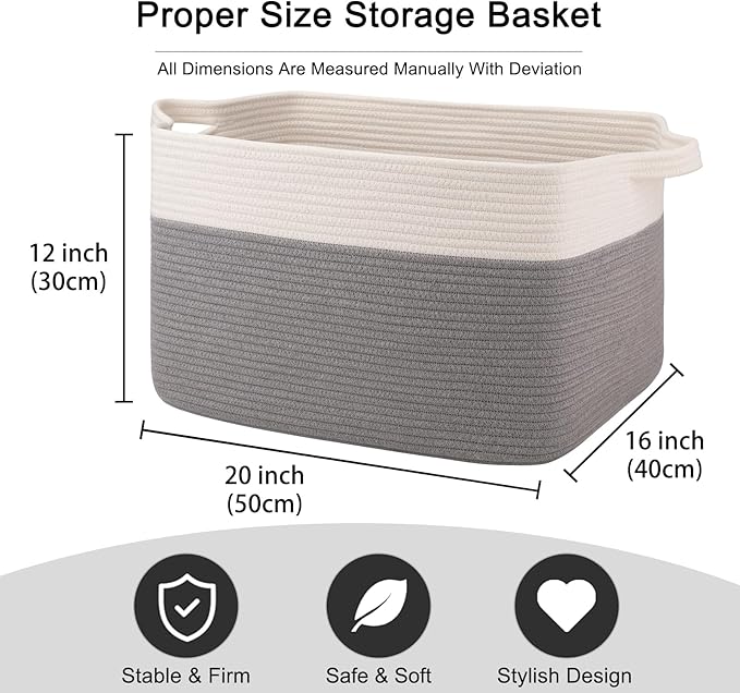 OIAHOMY Large Blanket Basket, 65L Cotton Rope Woven Laundry Basket, Toy Bin for Baby Room, Container for Blanket Storage in Living Room, 20''×16''×12'', Grey & White