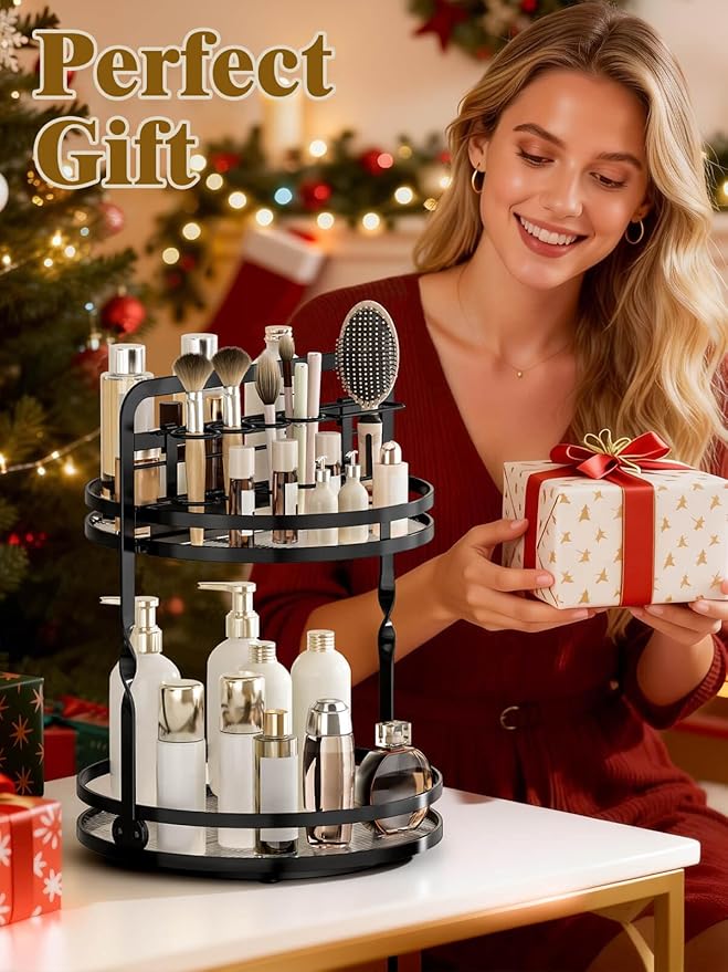 Rotating Makeup Vanity Organizer, 360 Spinning Perfume Organizer for Dresser, 2 Tier Bathroom Countertop Organizer, Black Lazy Susan Skincare Storage, Cosmetic Display Case with Brush Holder