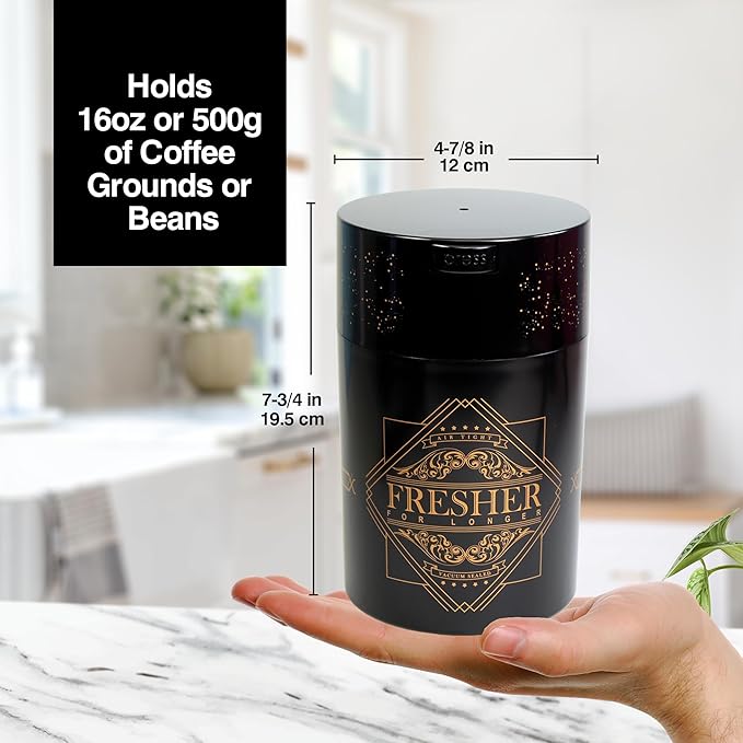 Coffeevac 1LB – Patented Airtight Container | Multi-use Vacuum Container Works as Smell Proof Containers for Ground Coffee and Coffee Bean Containers. Black with Gold Logo