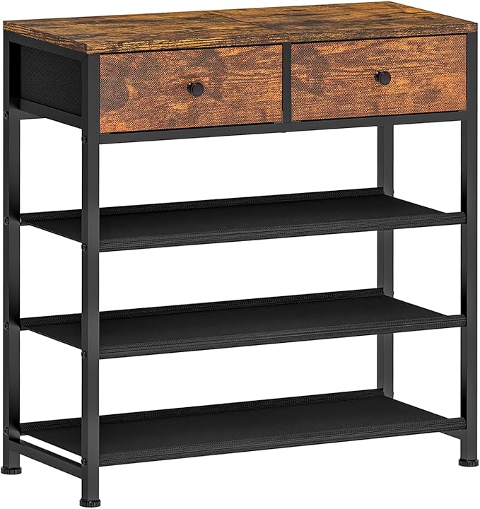 usikey Shoe Rack, 4 Tier Shoe Storage Organizer with 2 Drawers, Metal Shoe Shelf for 9-12 Pairs of Shoes, with 3 Oxford Fabric Shelves and Wooden Top, Shoe Stand for Entryway, Rustic Brown UNYXJX012F