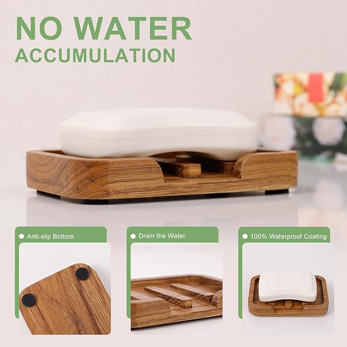 Self Draining Soap Dish by HTB,Teak Wood Soap Holder,Sponge Holder for Kitchen,Soap Saver for Shower, Bathroom, Sink, Kitchen and Countertop