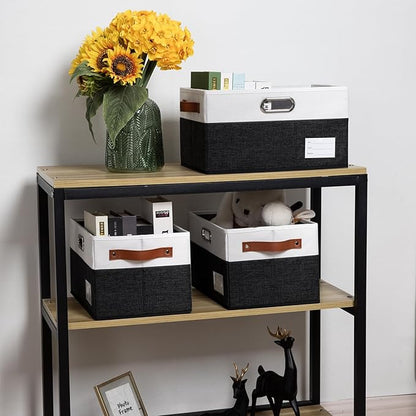 PRANDOM Larger Foldable Storage Bins with Handles [5-Pack] Fabric Collapsible Storage Boxes Baskets Cubes Containers with Handles for Closet Living Room Bedroom (Black & White 17.3x12.2x10.4'')