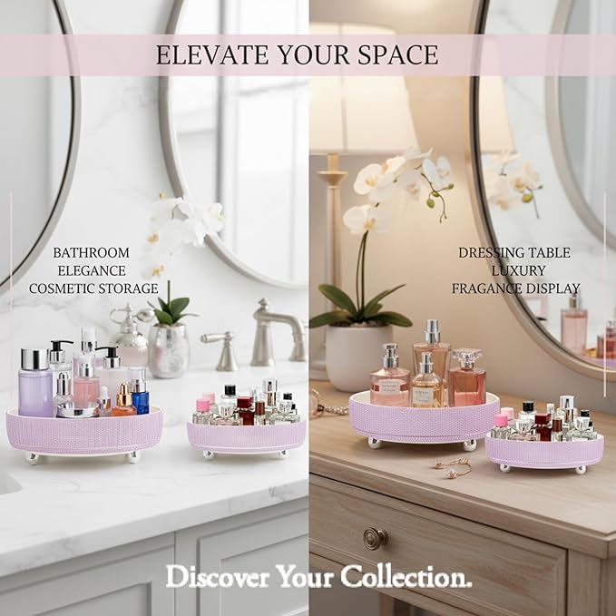 Rotating Bling Perfume Makeup Organizer, Rhinestone Cosmetic Display Cases with 2-Piece Set, 360° Spinning Bathroom Organizers for Countertop, Vanity Table | Purple