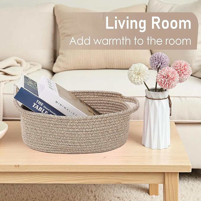 JMvicyroam Woven Basket,Small Rope Storage Bin with Handles & Ribbon Bag, Organizer for Shelves Closets,Gift Basket Empty for Birthday,Books,Dog Toys,Oatmeal/2 Pack