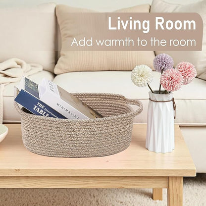 JMvicyroam Woven Basket,Small Rope Storage Bin with Handles & Ribbon Bag, Organizer for Shelves Closets,Gift Basket Empty for Birthday,Books,Dog Toys,Oatmeal/2 Pack
