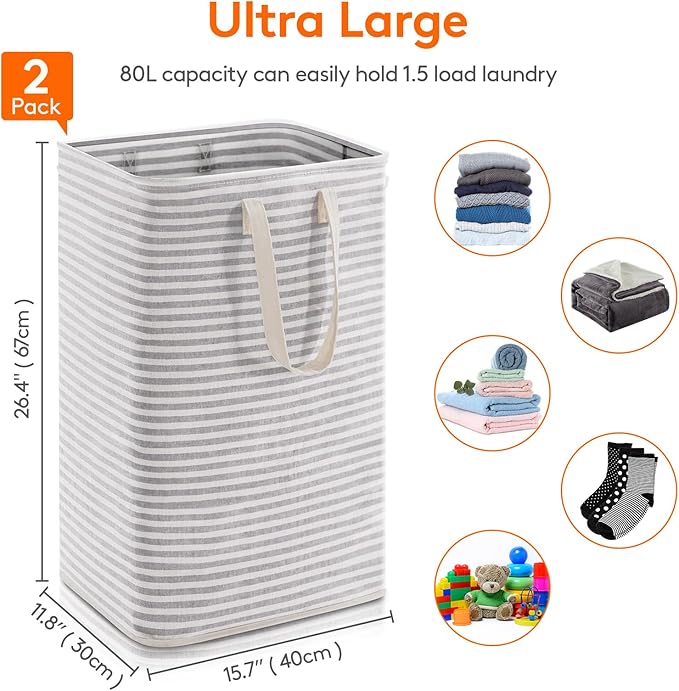 Lifewit 2 Pack Laundry Basket 80L Each, Collapsible Clothes Hamper with Reinforced Handles, Freestanding Waterproof Design for Bedroom and Laundry Room, Grey 160L Total