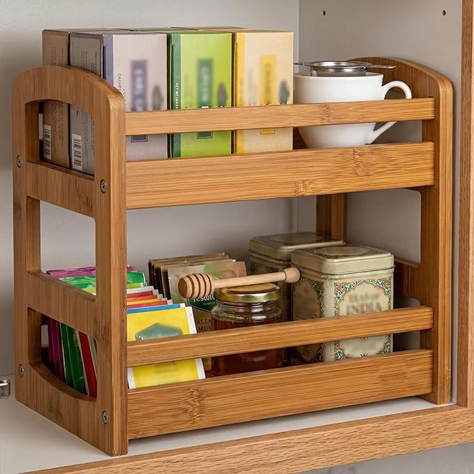 Briful Bamboo Spice Rack Organizer for Countertop, 2-Tier Seasoning Shelf Small Spice Holder for Kitchen Organization Pantry & Cabinet Decor, Brown