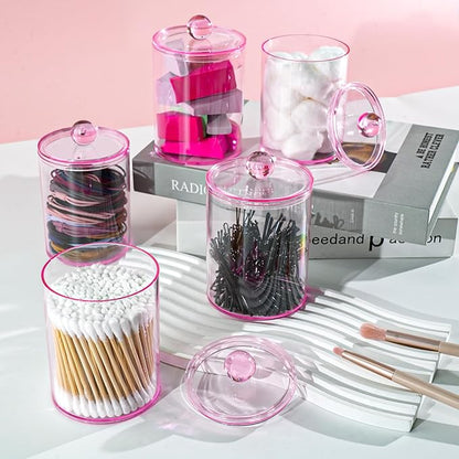 XIPENGKEJI 2 Pack Qtip Holder,Canister Apothecary Jar Set, Bathroom Jars with Lids Set for Cotton Swabs, Balls, Pads, Floss Picks,10oz-12oz Plastic Canisters Restroom Bedroom Vanity Organizer(Pink)