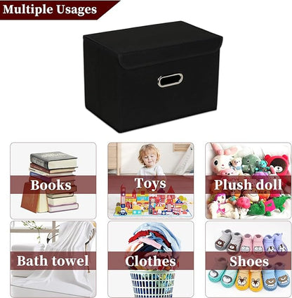 STOREONE Fabric Storage Cube Bins Foldable Organizer Container Collapsible Basket with Lids and Metal Handles, for Home, Bedroom, Closet (Black, 3 Pcs)