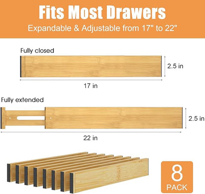 Bamboo Drawer Dividers,17-22" Adjustable Kitchen Drawer Organizer for Clothes,8 Pack Expandable Drawer Organization Separators for Bedroom,Bathroom,Dresser and Office,Natural