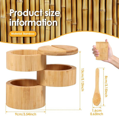 Bamboo Triple Salt Cellar, Salt Cellar with Magnetic Swivel Lid and Spoon, Salt and Pepper Bamboo Container, Large Capacity Salt Container for Sea Salt Coffee Seasoning