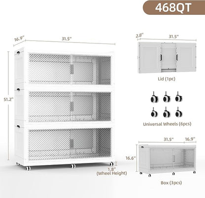 SAILUN 150Gal Extra Large Stackable Storage Bins with a Lid, Collapsible Storage Bins With Doors and Wheels, Foldable Storage Cabinet for Garage Closet Organization, White, 3Pack
