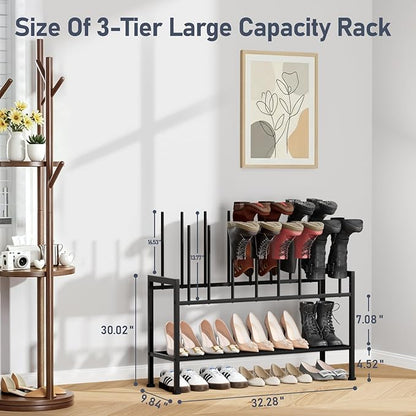 DIMJ Boot Rack 3-Tier - Black Metal Boot Storage Rack for Tall Boots Organizer Tall Boots, Multiuse Shoe Rack for Boots, Sneakers, High-Heel, Entryway, Fit for 8 Pairs, Black