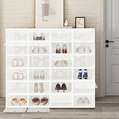 24Pcs Stackable Shoe Storage Boxes with Clear Doors - Foldable Shoe Organizer for Closet Cabinet, Black/White/Green Options for Sneakers Boots Home Organization (White)