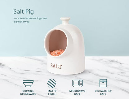 KooK Salt Pig, Salt Cellar, Salt Crock, Countertop Storage Container for Spices, White Salt Cellar, Ceramic, Stoneware, Dishwasher Safe (Cream)