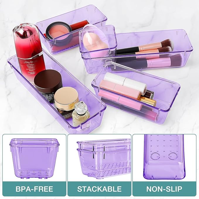 StorMiracle 16 PCS Drawer Organizer Set, 5 Varied Size Bathroom and kitchen Drawer cabinet organizer Trays, Clear Storage Bins for Makeup, Jewelry, Utensils and Gadgets, Purple