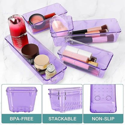 StorMiracle 25 PCS Drawer Organizer Set, 4 Varied Size Bathroom and kitchen Drawer cabinet organizer Trays, Clear Storage Bins for Makeup, Jewelry, Utensils and Gadgets， Purple