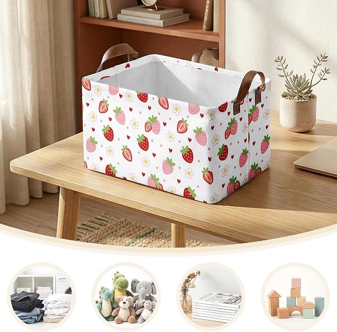 3 Pack Strawberry Storage Baskets for Gifts Strawberry Empty Large Collapsible Toy Storage Bins Box Pink Canvas Baskets Organizer with Handles Cute Nursery Decor Laundry Basket for Shelves Closet