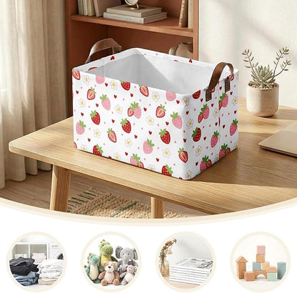 3 Pack Strawberry Storage Baskets for Gifts Strawberry Empty Large Collapsible Toy Storage Bins Box Pink Canvas Baskets Organizer with Handles Cute Nursery Decor Laundry Basket for Shelves Closet