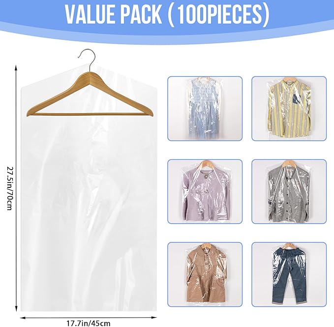 97 Pack Dry Cleaner Bags, (45x70cm) Clear Dry Cleaning Bags for Hanging Clothes, Garment Bags for Short or Children's Clothes