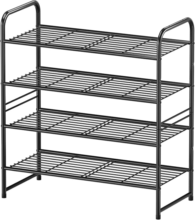 Simple Shoe Rack, 4 Tier Heavy Duty Metal Shoe Shelf 27 Inch Wide, Black