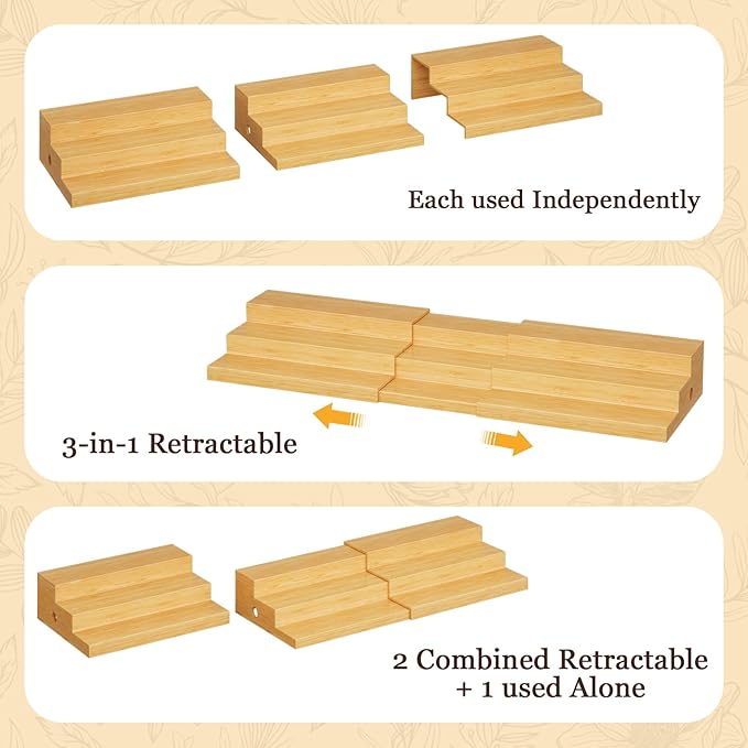 3-Tier Extra-Long Expandable Bamboo Can Rack for Pantry – Adjustable Pantry Can Organizer, Large Capacity Holds up to 45 Cans, Pantry Shelf & Countertop Storage (Patent Pending)