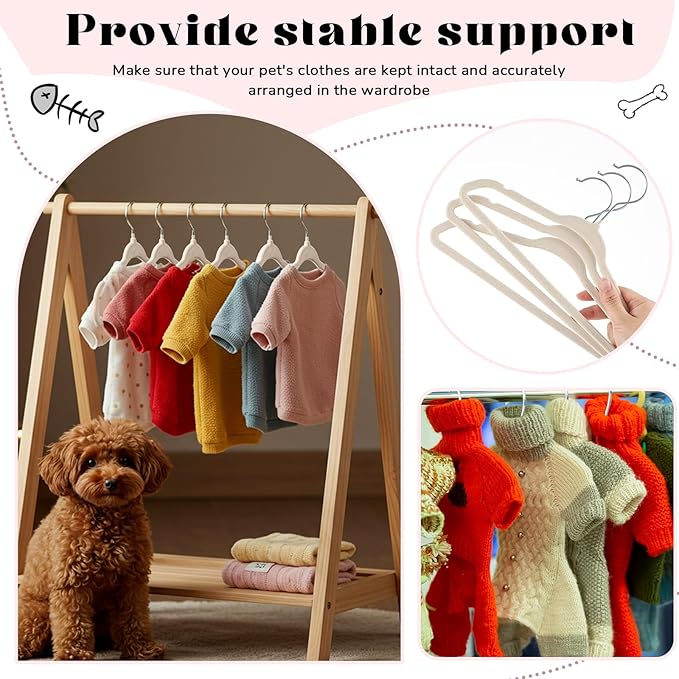 Weysat 24 Pcs Dog Clothes Hangers 11'' Non-Slip & 360° Swivel Velvet Small Pet Beige Hangers for Cats/Dogs with Rustproof Metal Hooks, Space-Saving for Home Storage & Grooming Salons Minimalism