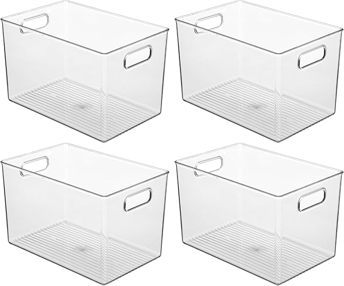 iDesign Storage Bins with Handles - Organizer Bins for Kitchen, Pantry, Bathroom, or Home Office - Set of 4 - Clear