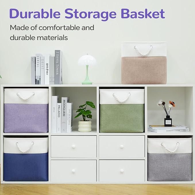13 x 13 Inch Cube Storage Bins, 6 Pack Fabric Storage Basket with Handles, Foldable Boxes Organizer for Shelf Baskets for Home, Clothes (White/Purple)