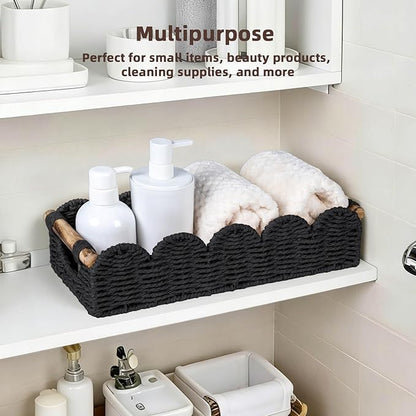 CubesLand Bathroom Basket Organizer w/Cut Out Handle, Back of Toilet Paper Storage Baskets Tray for Bathroom Countertop Decorative, Scalloped Wicker Basket Also for Home Decor, Living Room, Black