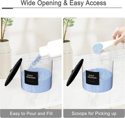 3+1 Pack Laundry Pods Containers & Dryer Sheet Holder & Laundry Detergent Dispenser, Laundry Room Organization and Storage Jars with Lids, Labels and Scoops for Scent Booster Powder Pods, Black Lid