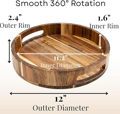 Wooden Lazy Susan for Table Top 12 Inch - Acacia Wood Lazy Susan Turntable Organizer for Kitchen Countertop Dining Table Cabinet - Rotating Tray Centerpiece for Spices Condiments - Large Lazy Susans