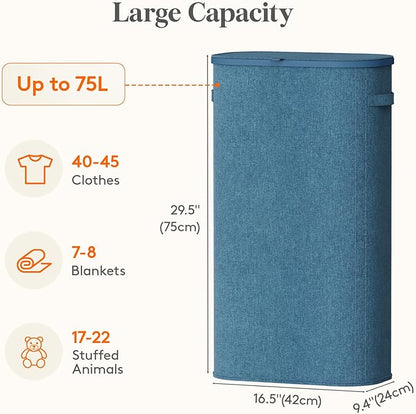 Lifewit Slim Laundry Basket with Lid, Narrow Large Laundry Hamper with Plastic Handles and Removable Bag, Tall Foldable Dirty Clothes Hampers for Laundry Room, Bedroom, Bathroom, Dorm, 75L Dark Blue