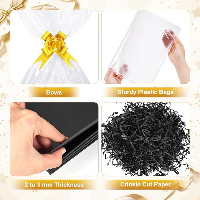 5 Pack Baskets For Gifts Empty, 10x12” Black Gift Basket Kit with Clear Bags Gold Bows 200g Crinkle Cut Paper Empty Gift Baskets to Fill Large Gift Baskets for Christmas, Birthdays, Holidays, Weddings